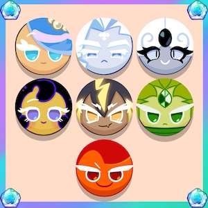 May include: Seven circular character designs with different facial expressions and colours. The characters include a light blue and tan design, a white and light blue design, a white design with a black gem, a yellow and black design, a brown and yellow design, a green design, and a red design.