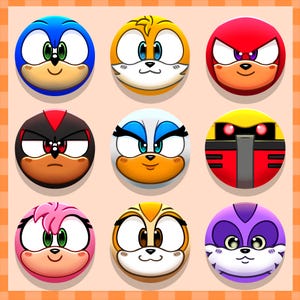 Puede incluir: Nueve retratos circulares y coloridos de personajes de la serie de videojuegos Sonic the Hedgehog. Los personajes incluyen a Sonic, Tails, Knuckles, Shadow, Rouge, Dr. Eggman, Amy, Cream y Big the Cat, cada uno con rasgos faciales distintivos.