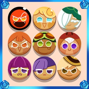 Op de afbeelding: Negen ronde koekjespersonages met verschillende gezichtsuitdrukkingen. De iconen zijn in een 3x3 raster gerangschikt. De personages zijn allemaal koekjes met verschillende gekleurde glazuur en decoraties. De personages zijn allemaal lachend, fronsend of verrast.