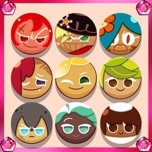 May include: Nine round colorful cartoon cookie characters with different facial expressions. The cookies are arranged in a 3x3 grid.