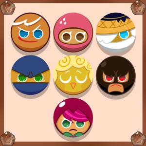 May include: A set of nine round cookie character icons with different expressions. The icons are in a grid pattern on a light brown background. The characters include GingerBrave, Strawberry Cookie,  Cream Puff Cookie,  Black Pearl Cookie,  Hollyberry Cookie,  Chili Pepper Cookie,  Milk Cookie,  Dark Choco Cookie, and  Knight Cookie.