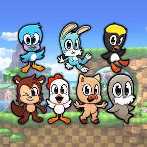 May include: A collection of cartoon animal stickers, including a blue bird, a light blue bunny, a penguin, a monkey, a chicken, a pig, and a seal. Each sticker has a white outline and is set against a background of a blue sky and green hills.