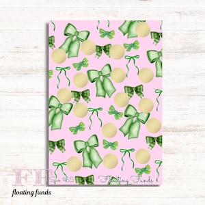 May include: A pink background with a repeating pattern of green bows, light yellow circles, and green ribbons. The text "floating funds" is at the bottom, along with the text "Save $55".