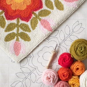 Folk Floral Punch Needle Pillow Kit: Handfärgat ullgarnspaket, PDF-instruktioner ingår