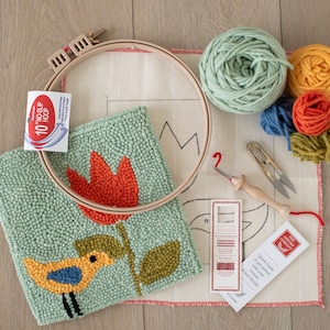 Punch Needle Starter Kit | Beginner Punch Needle Kit with Oxford Needle | Punch Needle Kit with Yarn | All Materials Included | Bird Tulip