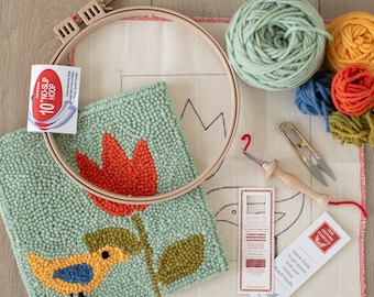 Punch Needle Starter Kit | Beginner Punch Needle Kit with Oxford Needle | Punch Needle Kit with Yarn | All Materials Included | Bird Tulip