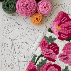 Pink Floral Poppies Punch Needle Kit: Wool Yarn, Traced Pattern