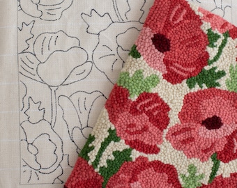Traced Punch Needle Pattern on Monks Cloth with serged edges, punch needle pillow, Floral Poppies pattern, DIY punch needle, Optional Sizes