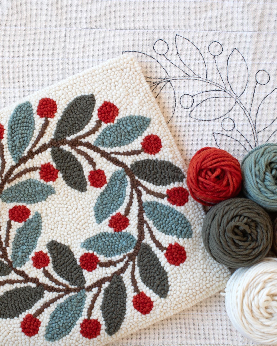 Christmas Wreath Punch Needle Pillow Kit: Hand-dyed Wool Yarn Bundle ...