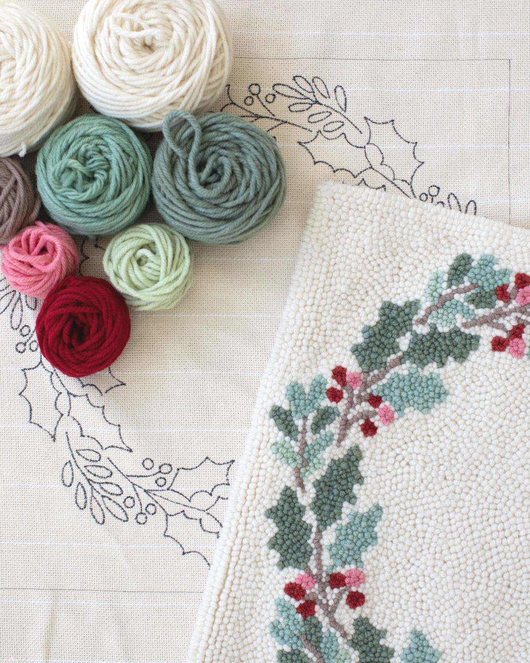 Christmas Holly Berry Punch Needle Pillow Kit: Hand-dyed Wool, Traced ...