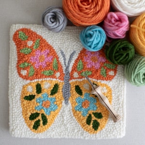 Punch Needle Starter Set | Anfänger Punch Needle Kit mit Oxford Needle | Punch Needle Kit mit Garn | Alle Materialien enthalten | Schmetterling