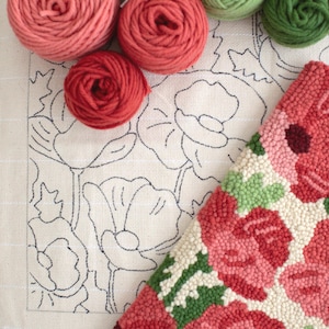 Punch Needle Kit Pillow Floral Poppies | DIY Punch Needle Cushion Craft Kit | Hand Traced Rug Hooking Pattern with Yarn Bundle & PDF
