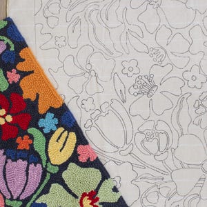 May include: A colorful, floral rug with a dark blue background and a variety of bright colors, including red, orange, yellow, and purple. Next to it is a canvas with a floral outline design.