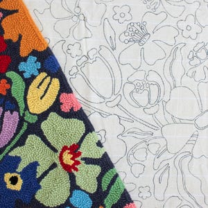 May include: A colorful, floral-patterned rug with a dark blue background. The rug features a variety of flowers in shades of orange, red, blue, green, and pink. Next to the rug is a white fabric with a floral outline design.