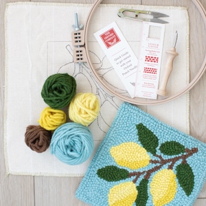 May include: A craft kit for punch needle embroidery, featuring a light blue lemon design, various yarn colors, a wooden hoop, and tools. Includes a "Quick Guide" from The Oxford Company and a stitch gauge.