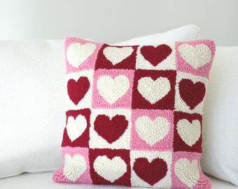 Traced Punch Needle Pattern on Monks Cloth with serged edges, punch needle pillow, Valentine's Day Hearts, DIY punch needle, Optional Sizes