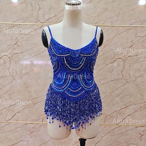 Blue bodysuit performance costume, Sexy blue beaded mini dress. Custom mini dress for luxury parties.