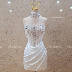 Handgemachtes Kurzes Perlen Korsett Kleid, funkelndes Braut Minikleid mit Perlen und Strass, Empfang Minikleid benutzerdefinierte.