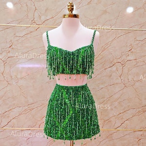 2-piece dress green dress. Sexy beaded performance dress. Custom dress upon request.