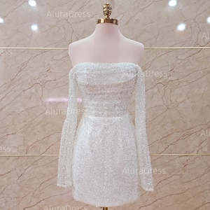 Mini wedding dress for reception. Mini beaded dress with convenient detachable sleeves. Luxury custom mini dress.