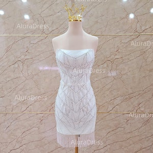 Luxury white beaded reception short dress. Sexy mini dress for reception. Custom mini dress upon request.