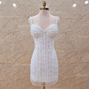 Mini wedding dress for reception beaded luxury. Beautiful white mini party dress. Mini dress custom made on request.