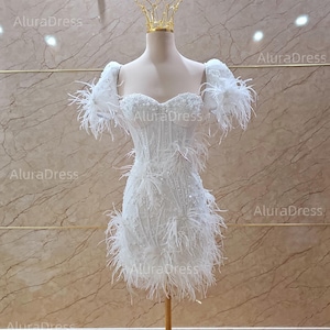 Elegant feather mini wedding dress. Mini beaded dress for reception. Custom white short dress for bride.