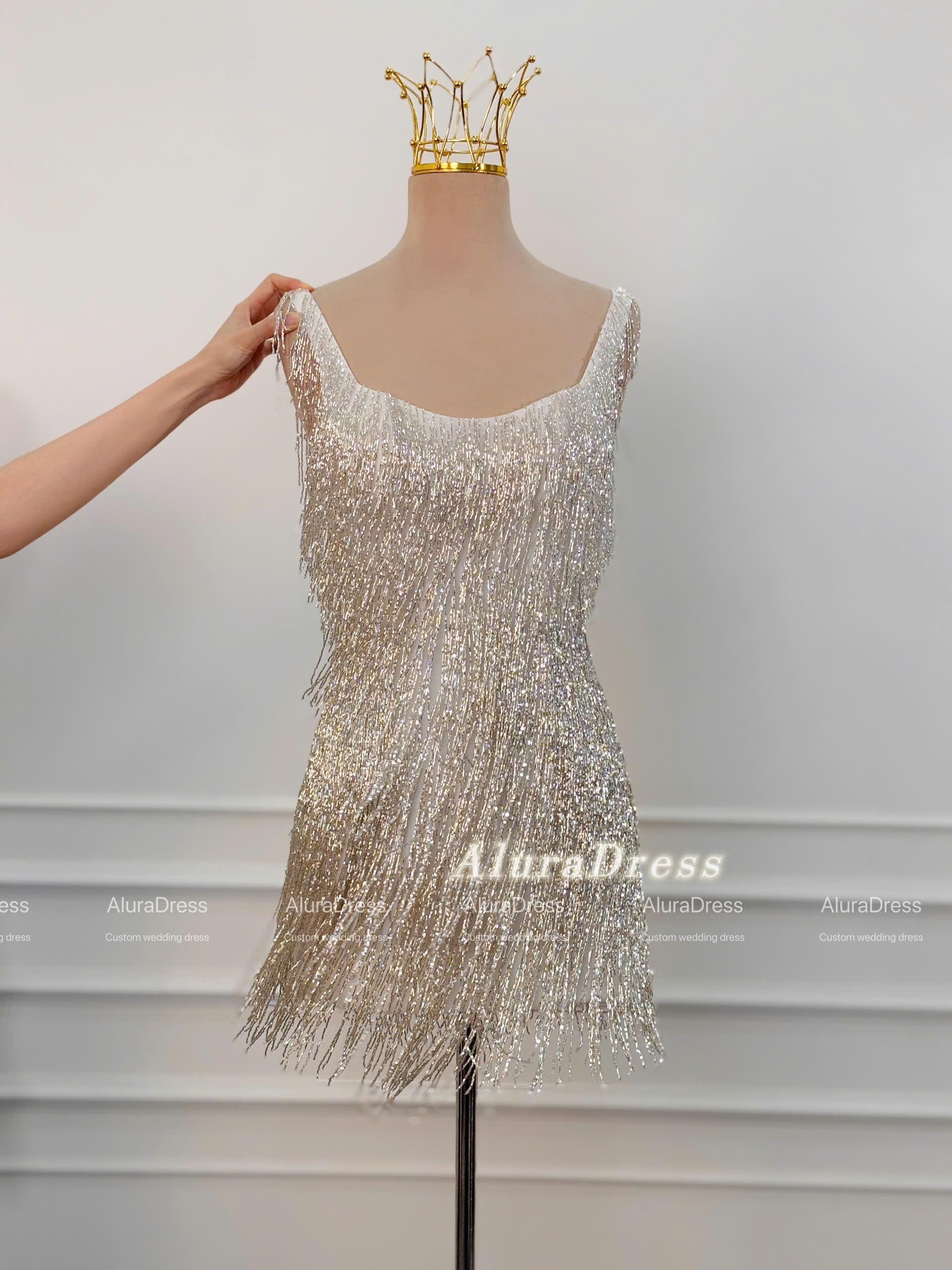 green emerald velvet dress Amarra Short Gold-Fringe Emerald Party Dress -PromGirl Emerald/Gold / 16