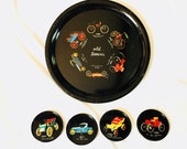 Vintage tray set classic cars theme black enamel round Tray with vintage automobiles Red yellow with four coasters old timers retro tray