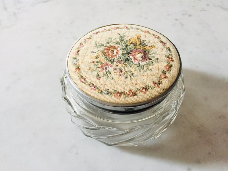 glass Jar vintage Vanity Jar Glass with antique tapestry lid vintage cream jar
