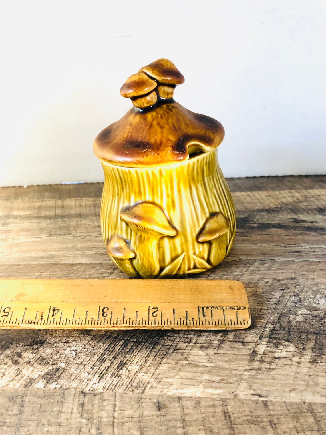 Vintage mushroom Jar Gold and brown ceramic with mushrooms lid Etsy