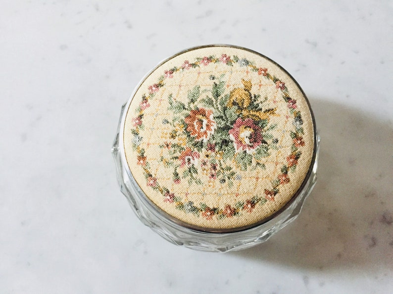 glass Jar vintage Vanity Jar Glass with antique tapestry lid vintage cream jar