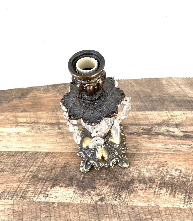 Vintage hollywood regency candleholder ornate silvery gold cast metal baroque heavy candleholder six crystal tear drops