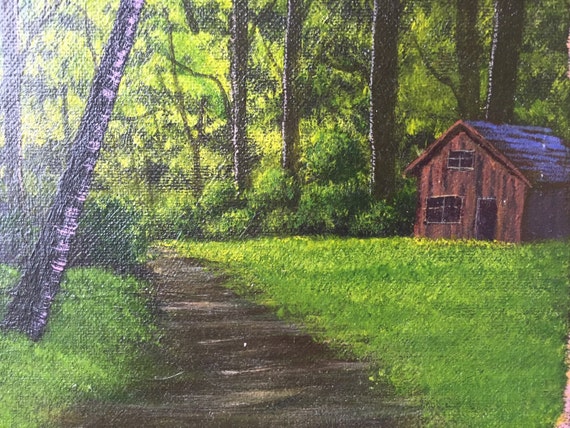 Original Landscape Painting Acrylic On Canvas Cabin In Thr Etsy