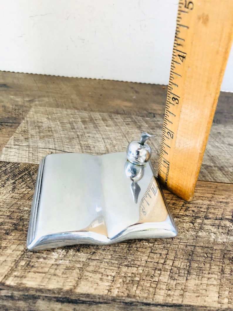 Vintage book sculpture open book with Apple Signed Hosleton Aluminum Sculpture Stylized book and made in Canada collectible teach gift