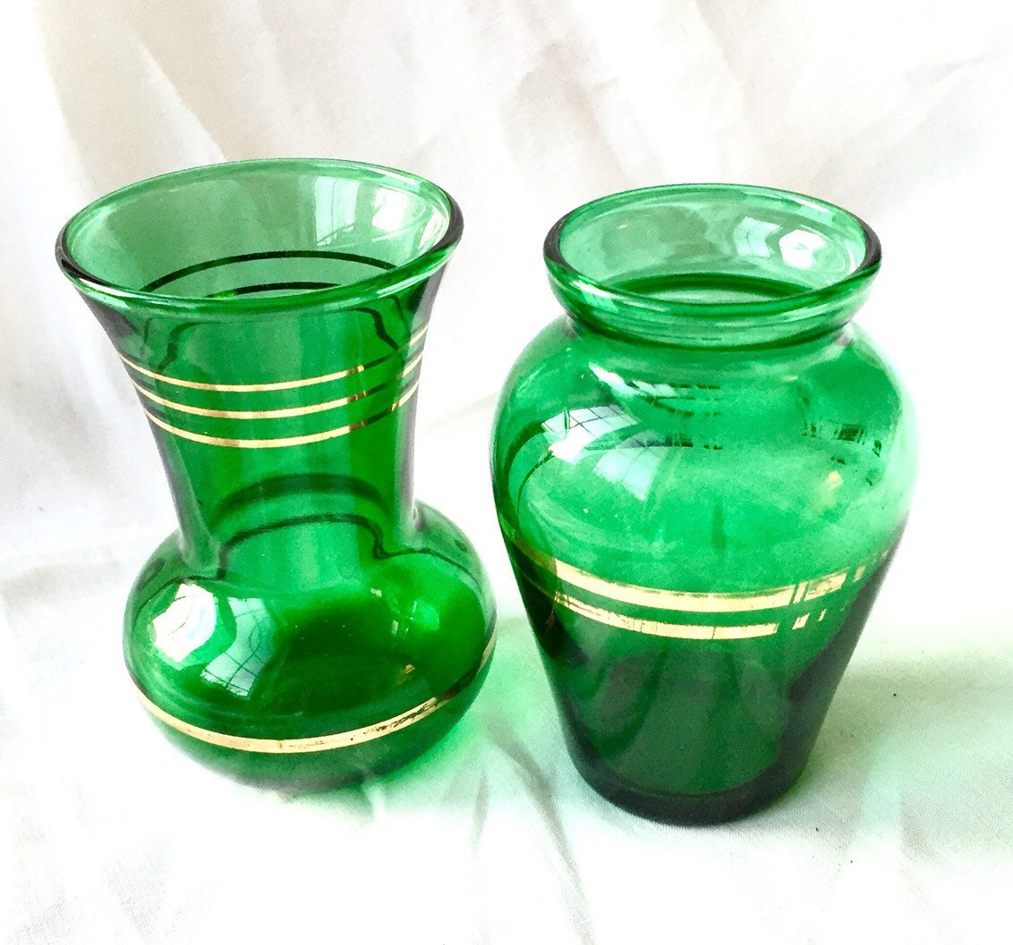 EMERALD GREEN GLASS Vase Vintage with gold trim accents lot of Etsy