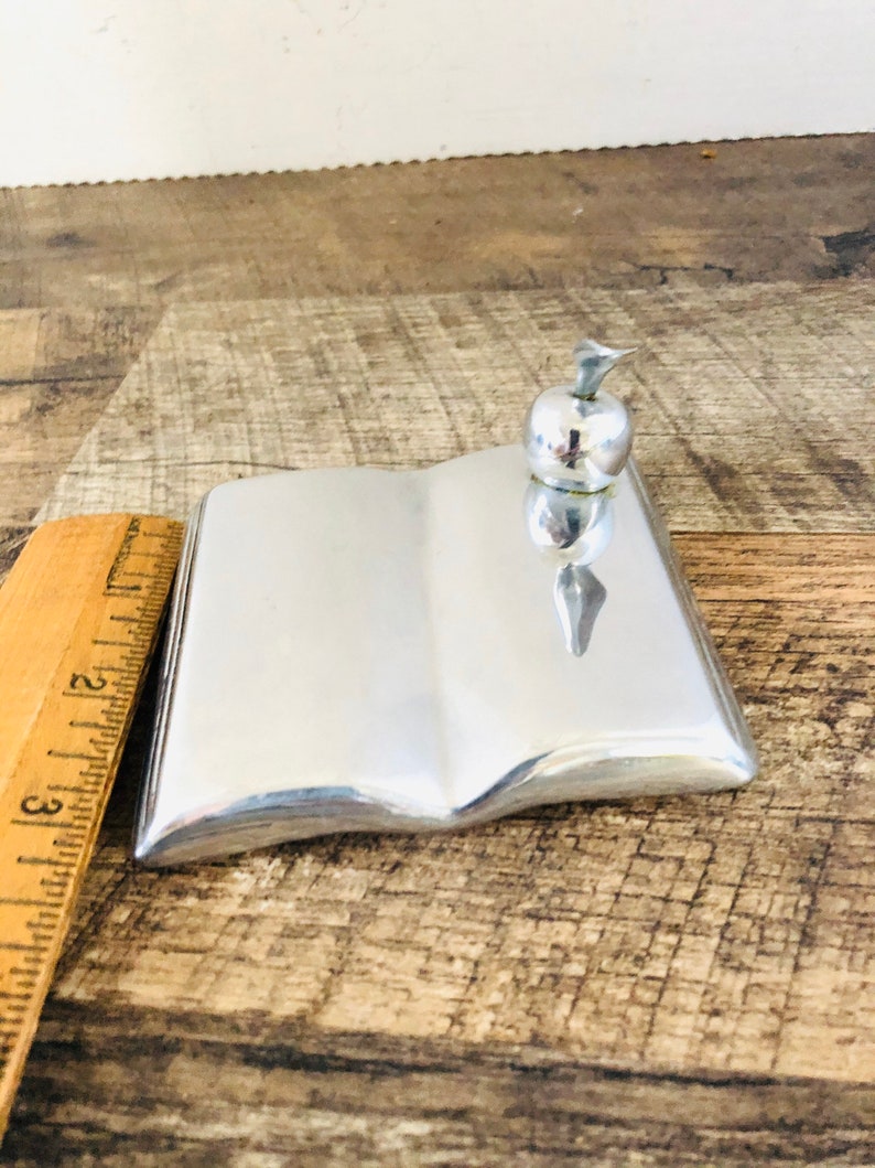 Vintage book sculpture open book with Apple Signed Hosleton Aluminum Sculpture Stylized book and made in Canada collectible teach gift