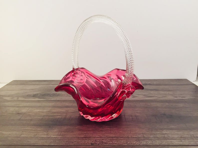 Cranberry glass dish basket ruffled edge collectible vintage Etsy