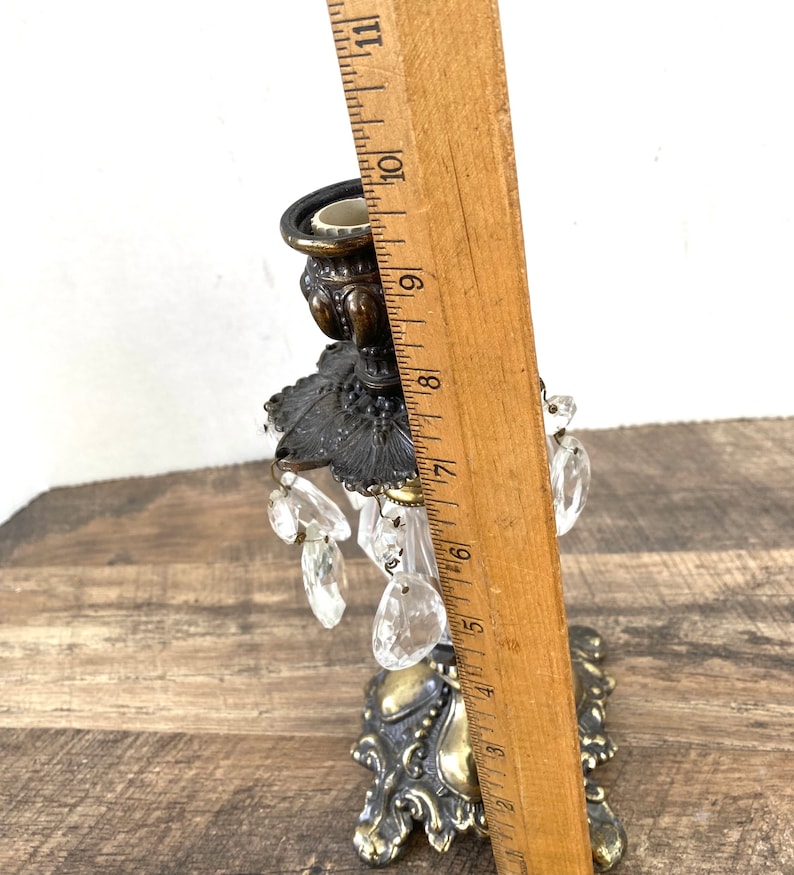 Vintage hollywood regency candleholder ornate silvery gold cast metal baroque heavy candleholder six crystal tear drops