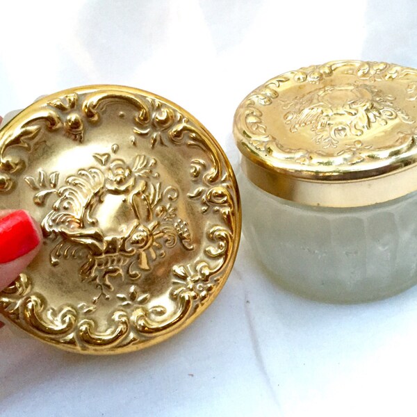 Vintage Vanity Jar Estee Lauder bisque face powder jar Glass with ornate gold Metal Lid lot of 2