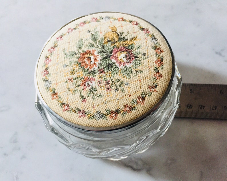 glass Jar vintage Vanity Jar Glass with antique tapestry lid vintage cream jar