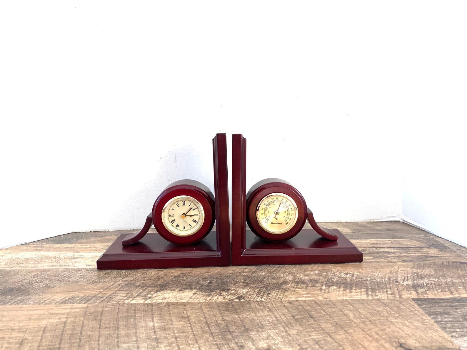 Wood BOOKENDS wooden bookends with clock and barometer Pair of Etsy