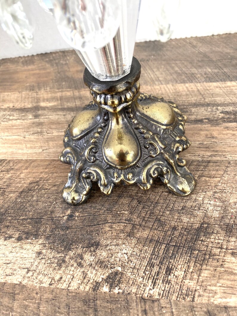 Vintage hollywood regency candleholder ornate silvery gold cast metal baroque heavy candleholder six crystal tear drops