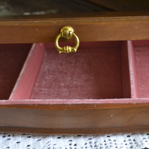 Vintage Wooden Jewelry Box Pink Velvet and Satin Lined with Three Sections and Brass Pull Knob