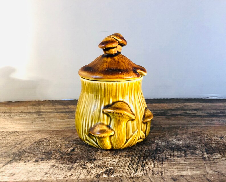 Vintage mushroom Jar Gold and brown ceramic with mushrooms lid Etsy