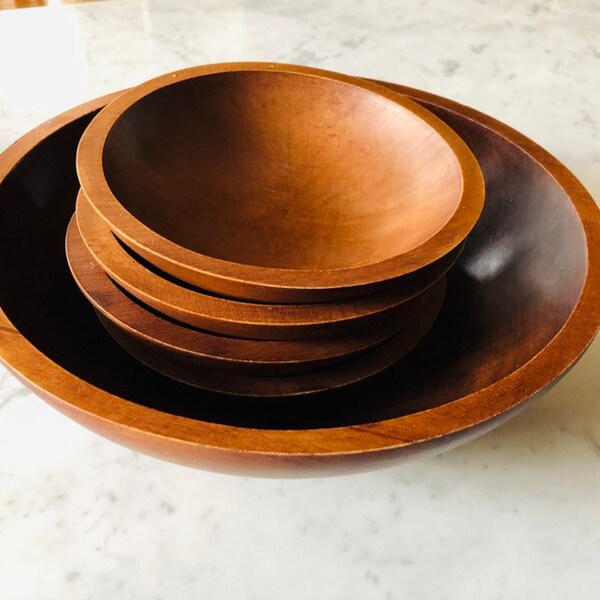 Vintage  Wood Bowl maple wood handcrafted wood bowl by Baribocraft Baribocraft Salad Bowl Set, Teak Stained Maple, Mid Century Woodenware