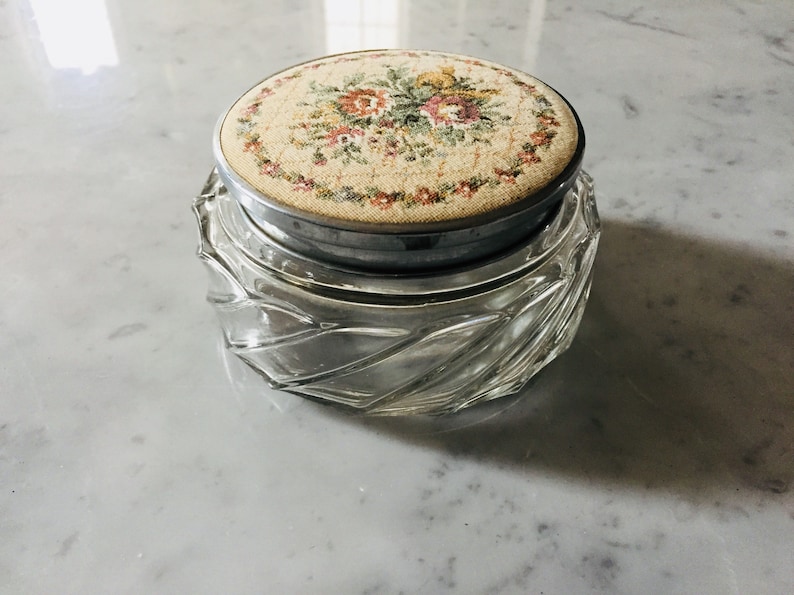 glass Jar vintage Vanity Jar Glass with antique tapestry lid vintage cream jar