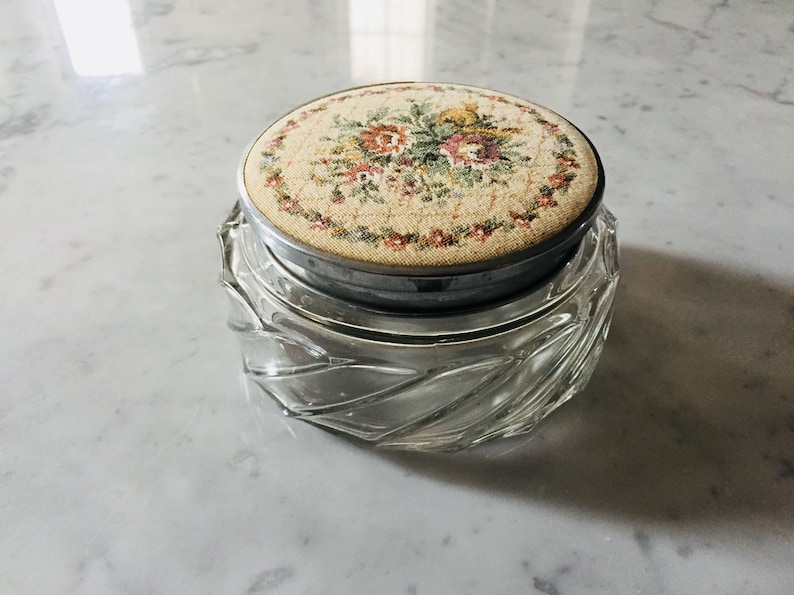 glass Jar vintage Vanity Jar Glass with antique tapestry lid vintage cream jar