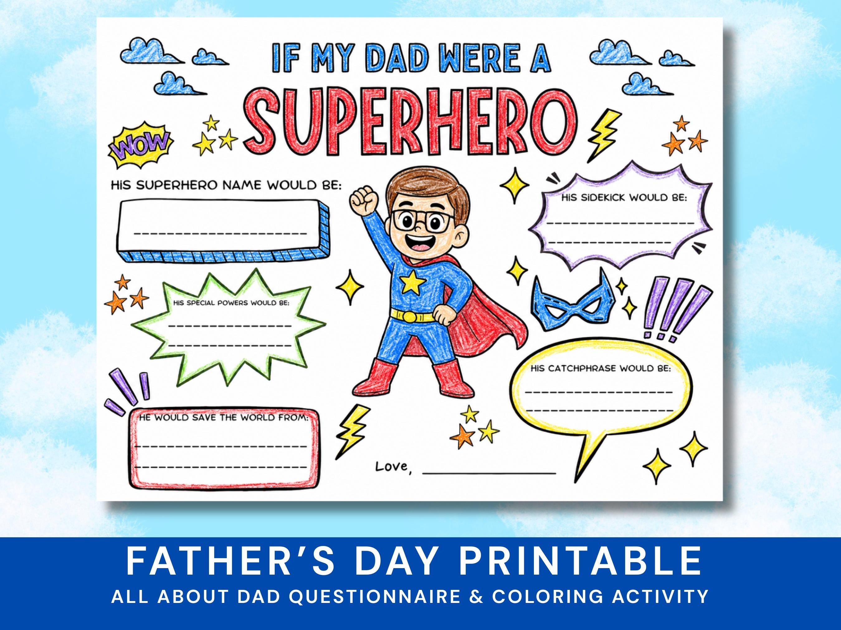 Printable Father's Day Gift, All About Dad Questionnaire, Super Hero…