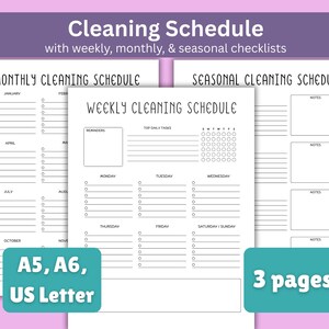 Cleaning Checklist/Cleaning Schedule, Weekly Home Cleaning Printable Template for ADHD Busy Mom Planner Instant Download, A5, A6, US letter